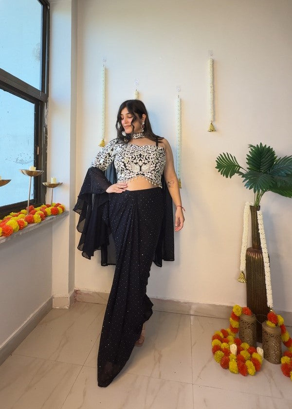 Black & White Thread-Embroidered Lehenga Set