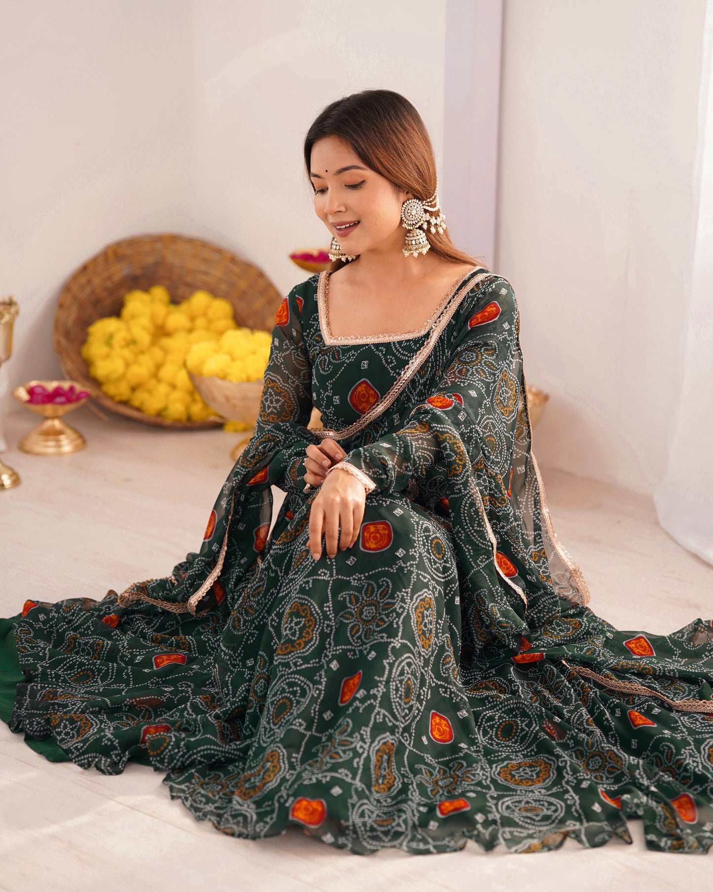 New Designer Bandhej Gowns & Dressess & Dresses Set – Pure Soft Chiffon Anarkali with Dupatta and Pant