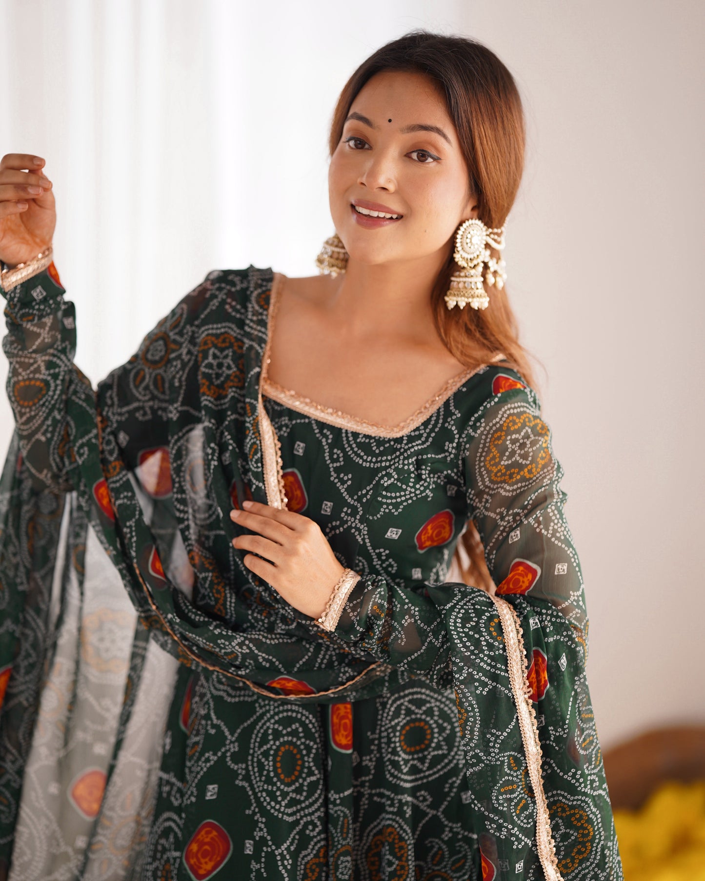 New Designer Bandhej Gowns & Dressess & Dresses Set – Pure Soft Chiffon Anarkali with Dupatta and Pant