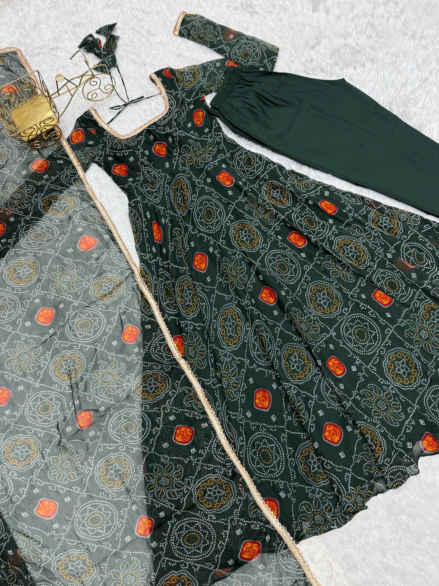 New Designer Bandhej Gowns & Dressess & Dresses Set – Pure Soft Chiffon Anarkali with Dupatta and Pant