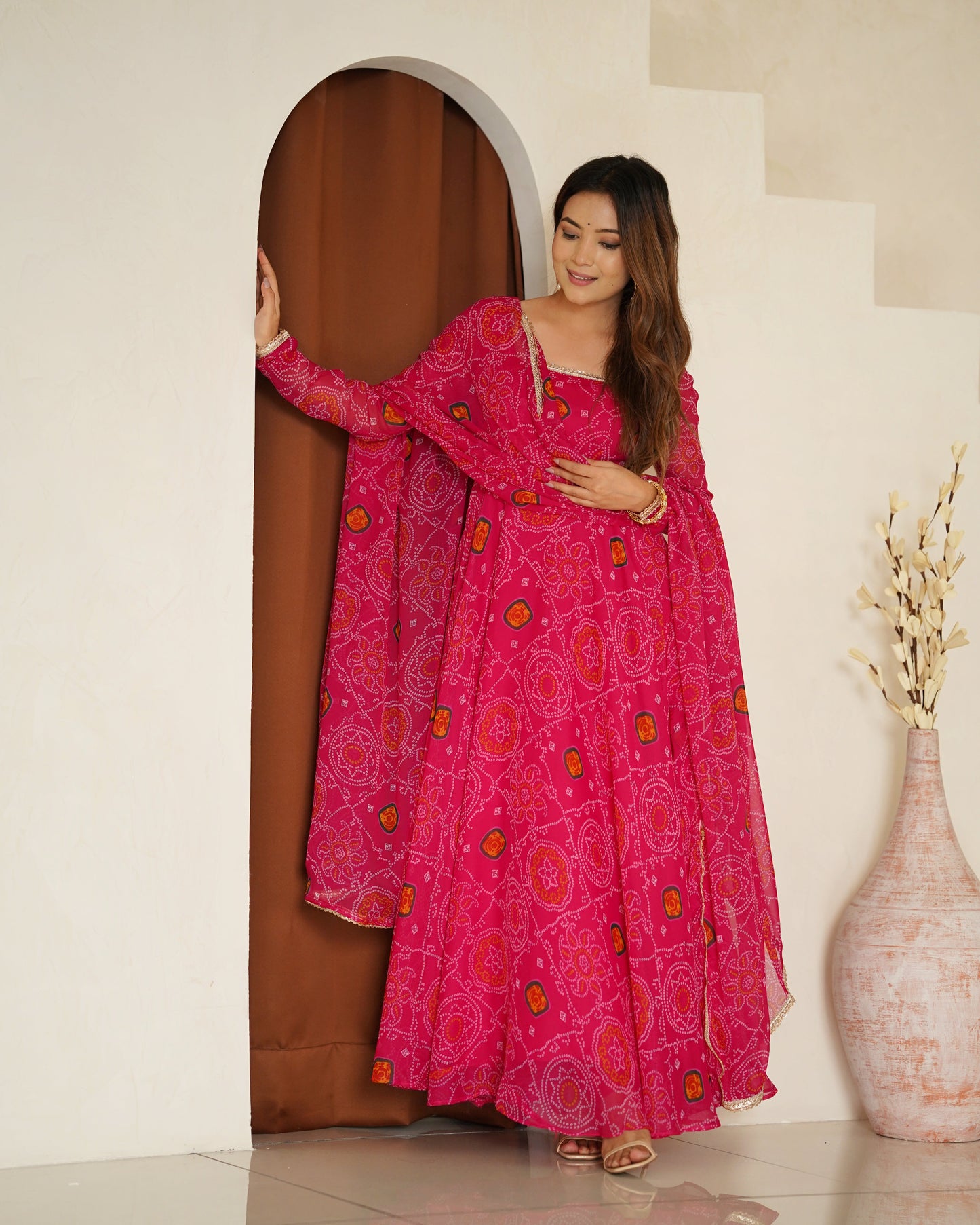New Designer Bandhej Gowns & Dressess & Dresses Set – Pure Soft Chiffon Anarkali with Dupatta and Pant