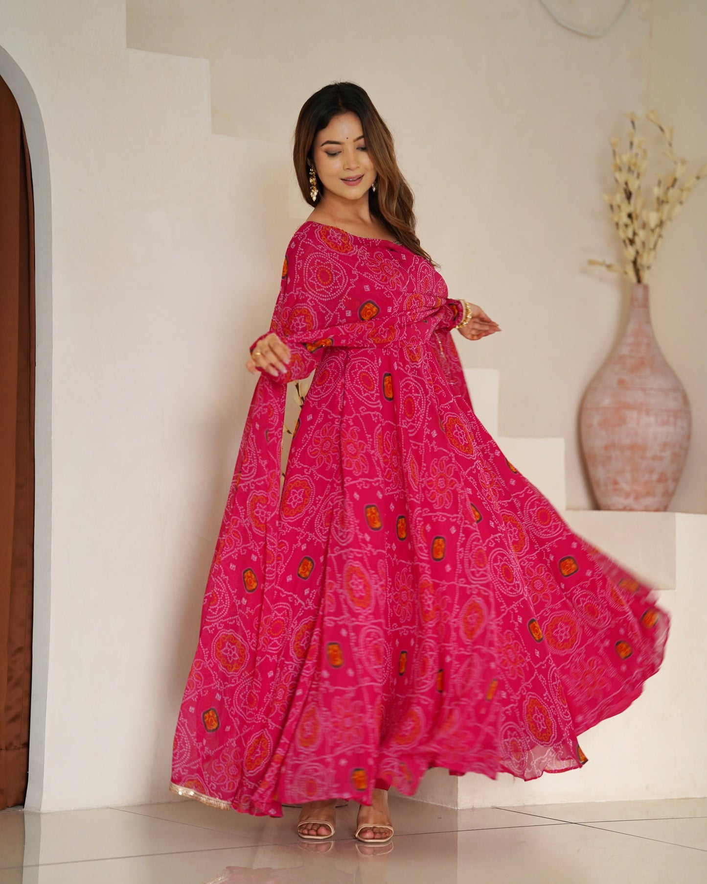 New Designer Bandhej Gowns & Dressess & Dresses Set – Pure Soft Chiffon Anarkali with Dupatta and Pant