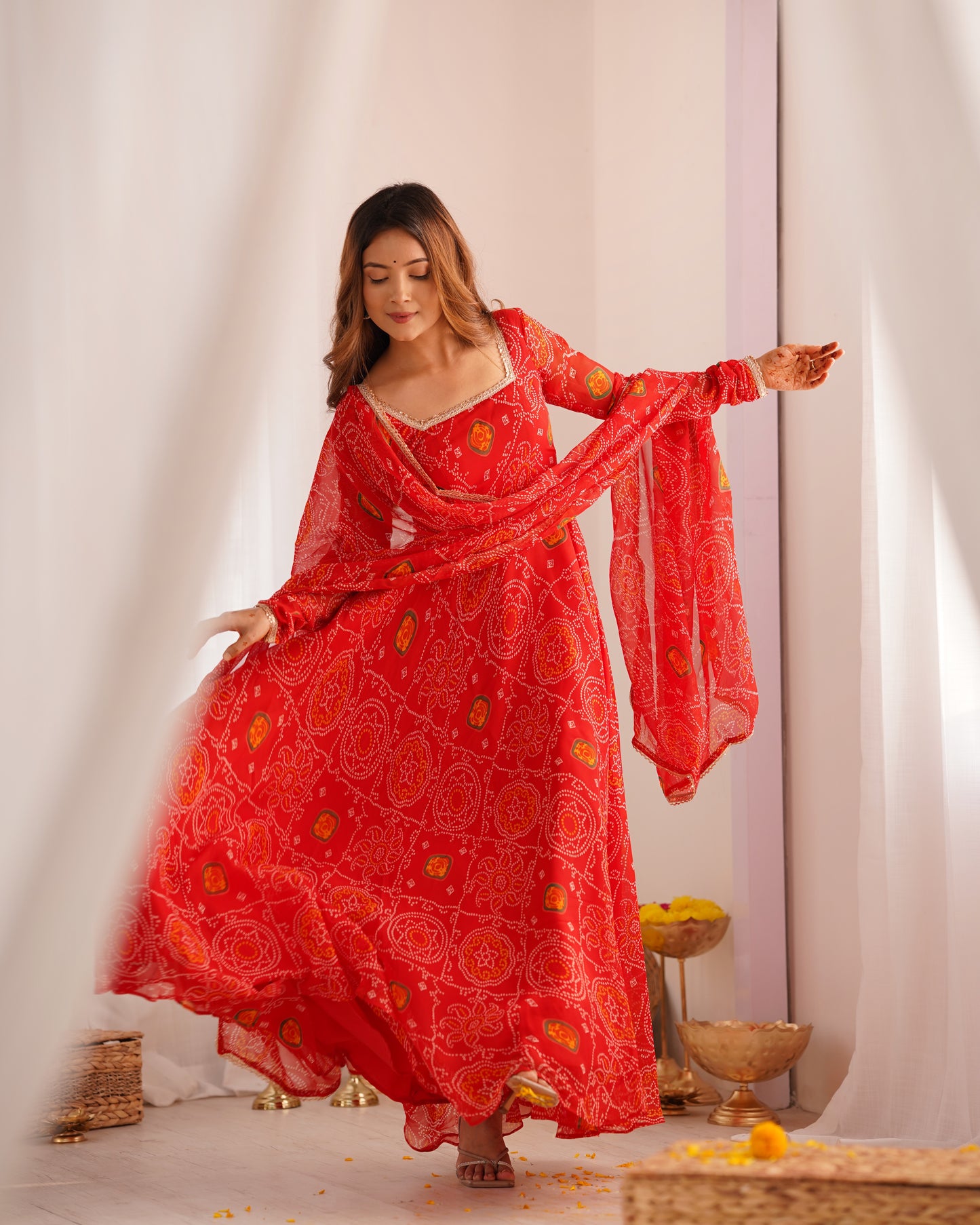 New Designer Bandhej Gowns & Dressess & Dresses Set – Pure Soft Chiffon Anarkali with Dupatta and Pant
