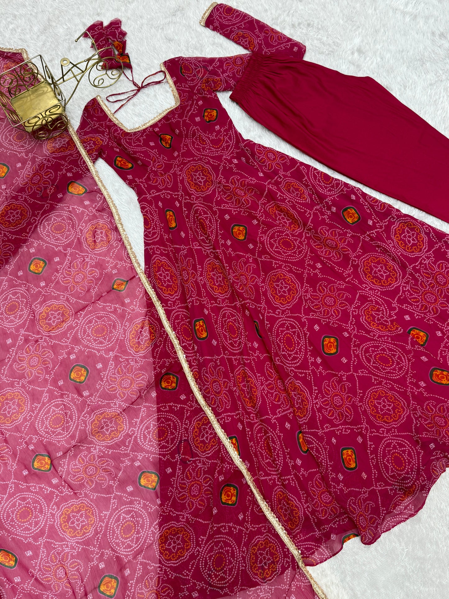 New Designer Bandhej Gowns & Dressess & Dresses Set – Pure Soft Chiffon Anarkali with Dupatta and Pant