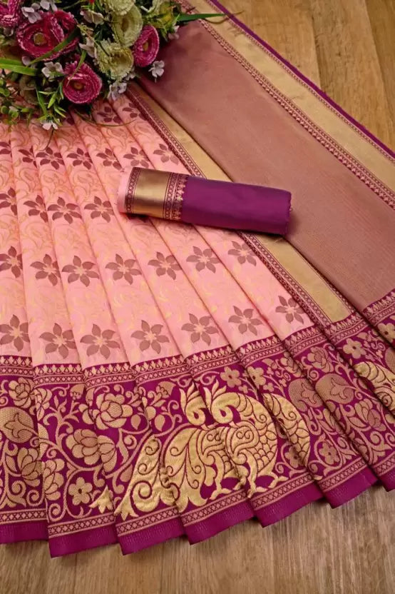 Peach Zari Woven Kanjivaram Silk Saree