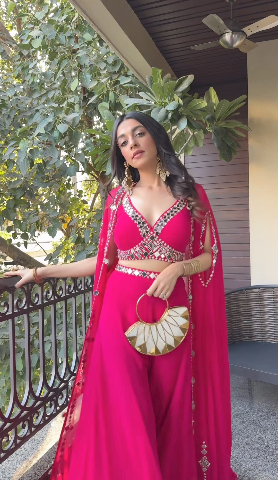 Pink Draped plazo & Mirror work Blouse with Cape
