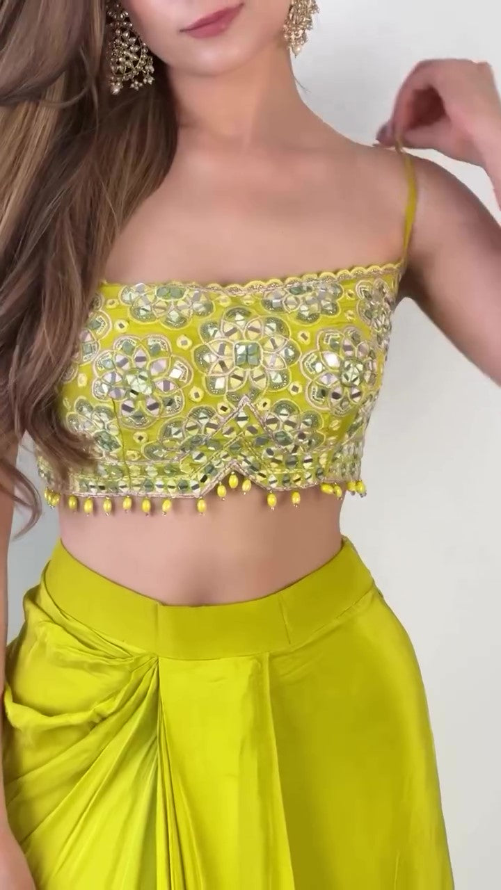 Lemon Yellow Draped Skirt & Mirror Work Blouse