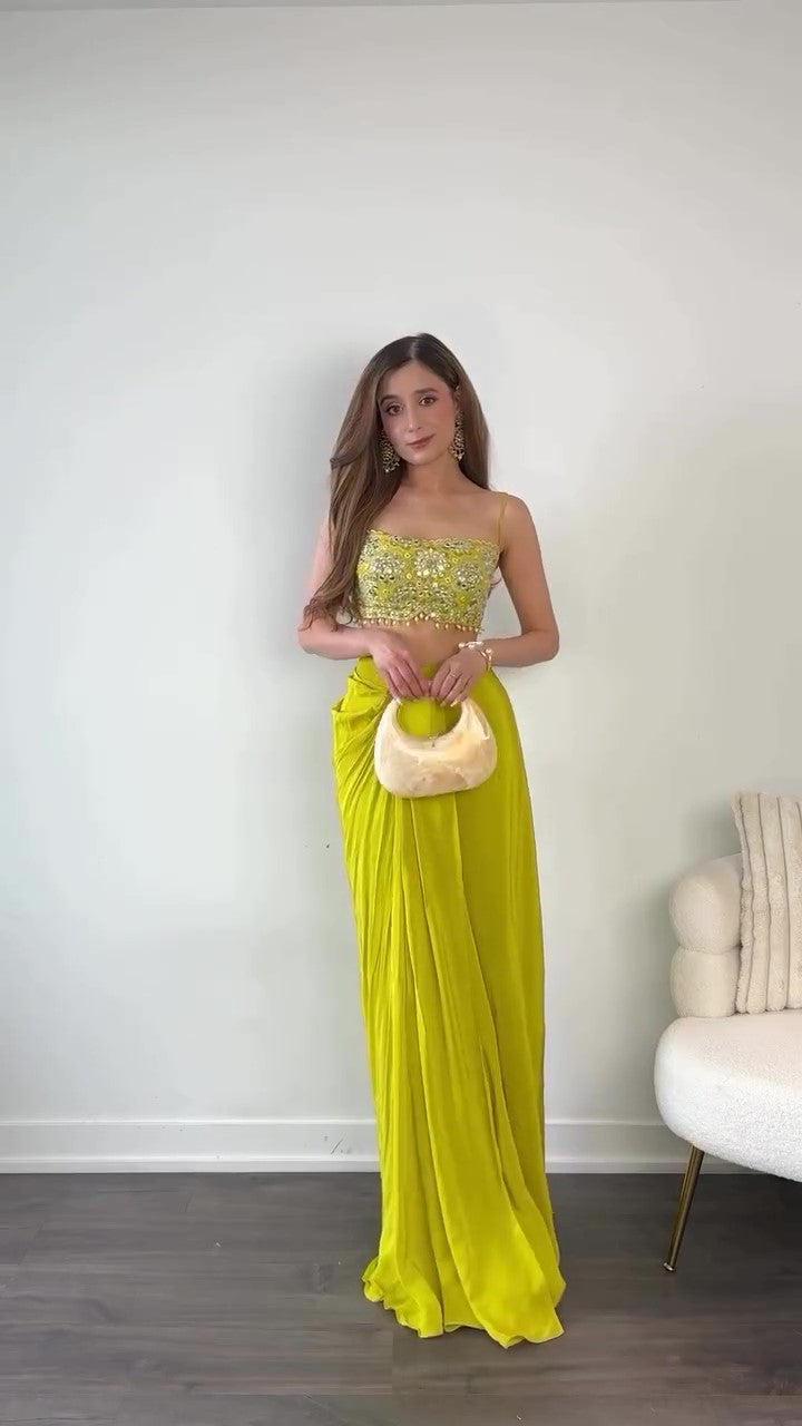 Lemon Yellow Draped Skirt & Mirror Work Blouse