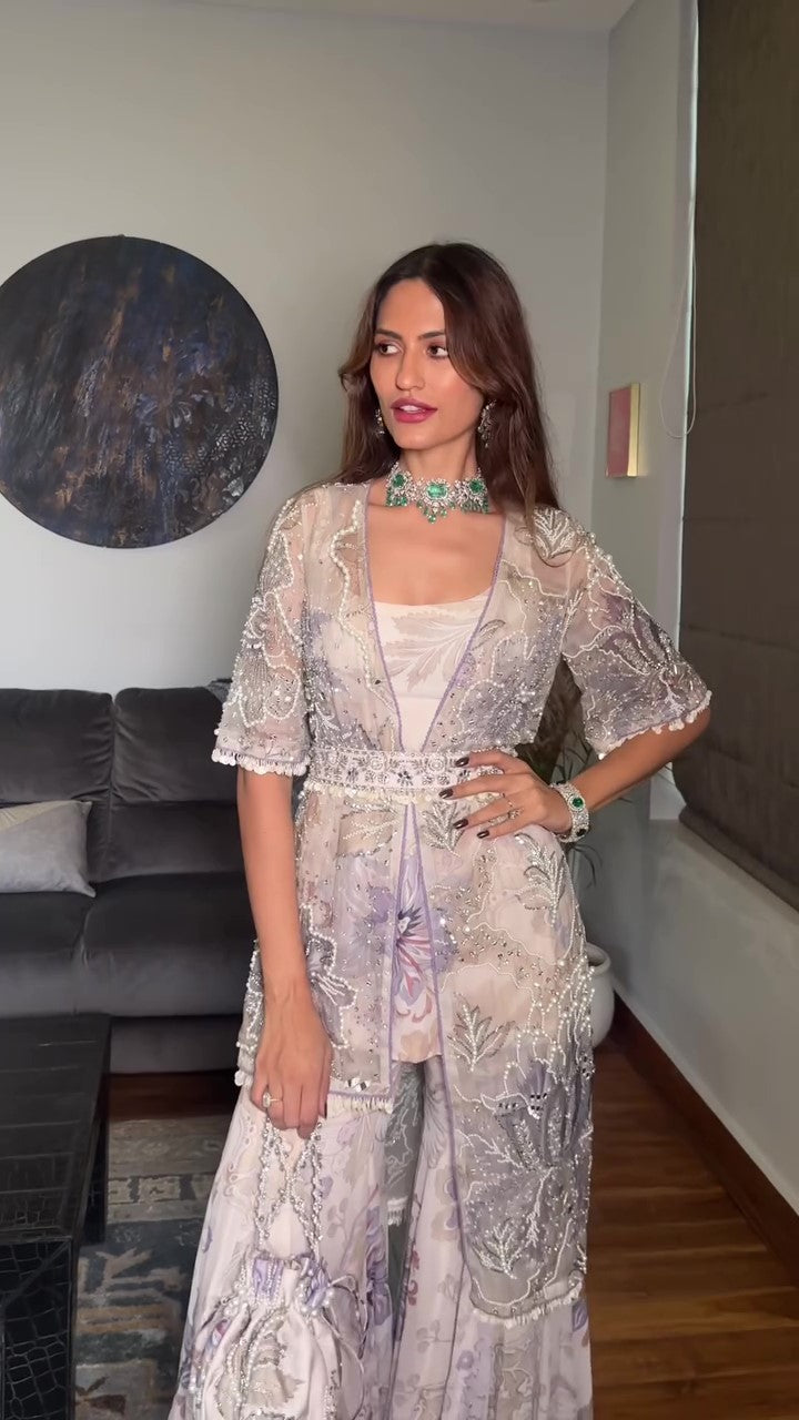 Citrus WHITE Draped plazo & PEARL work Blouse with Cape