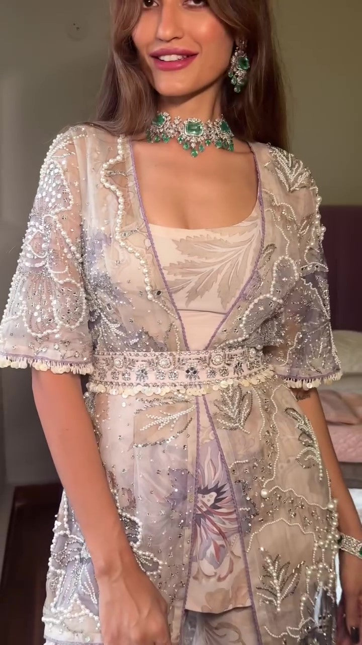 Citrus WHITE Draped plazo & PEARL work Blouse with Cape