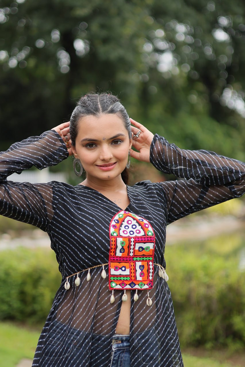 Designer Leheriya Front-Open Kurti with Kutchi Patchwork