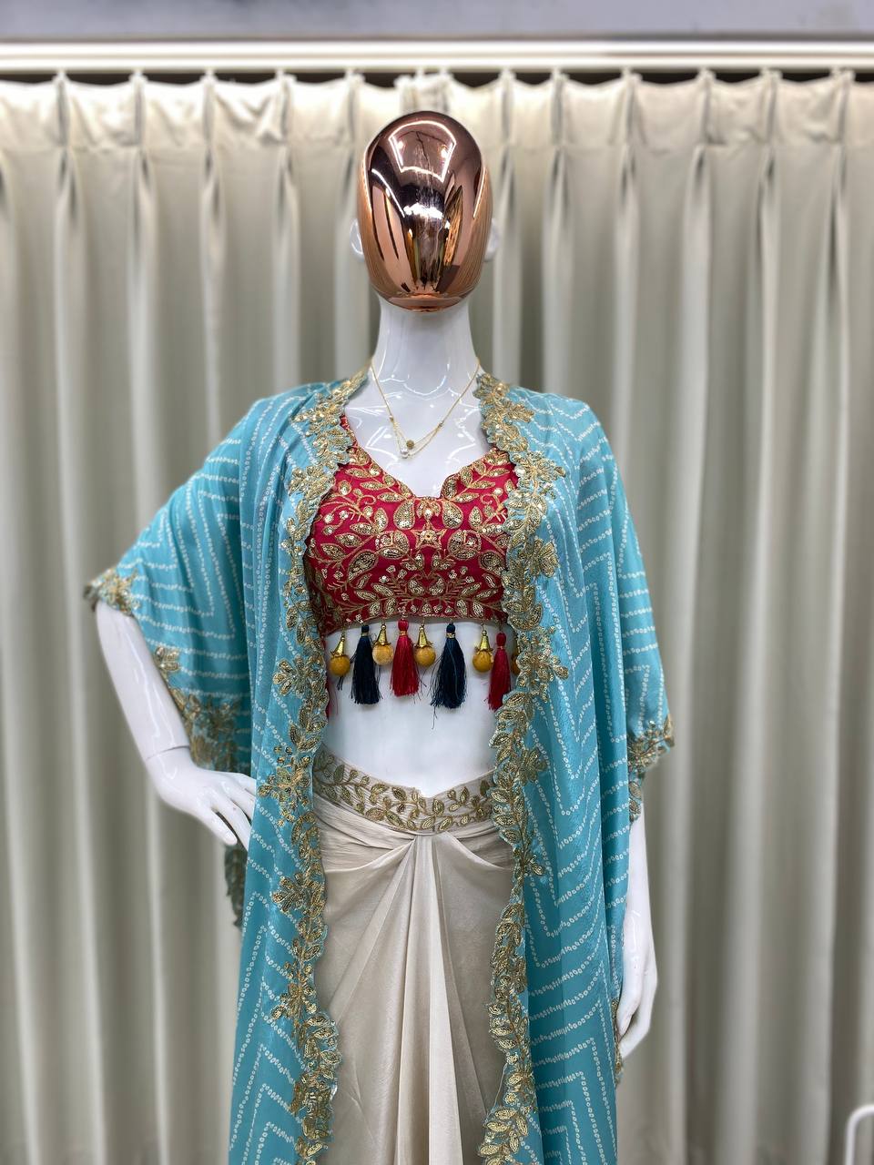 Designer Draped Skirt, Tube Blouse & Shrug