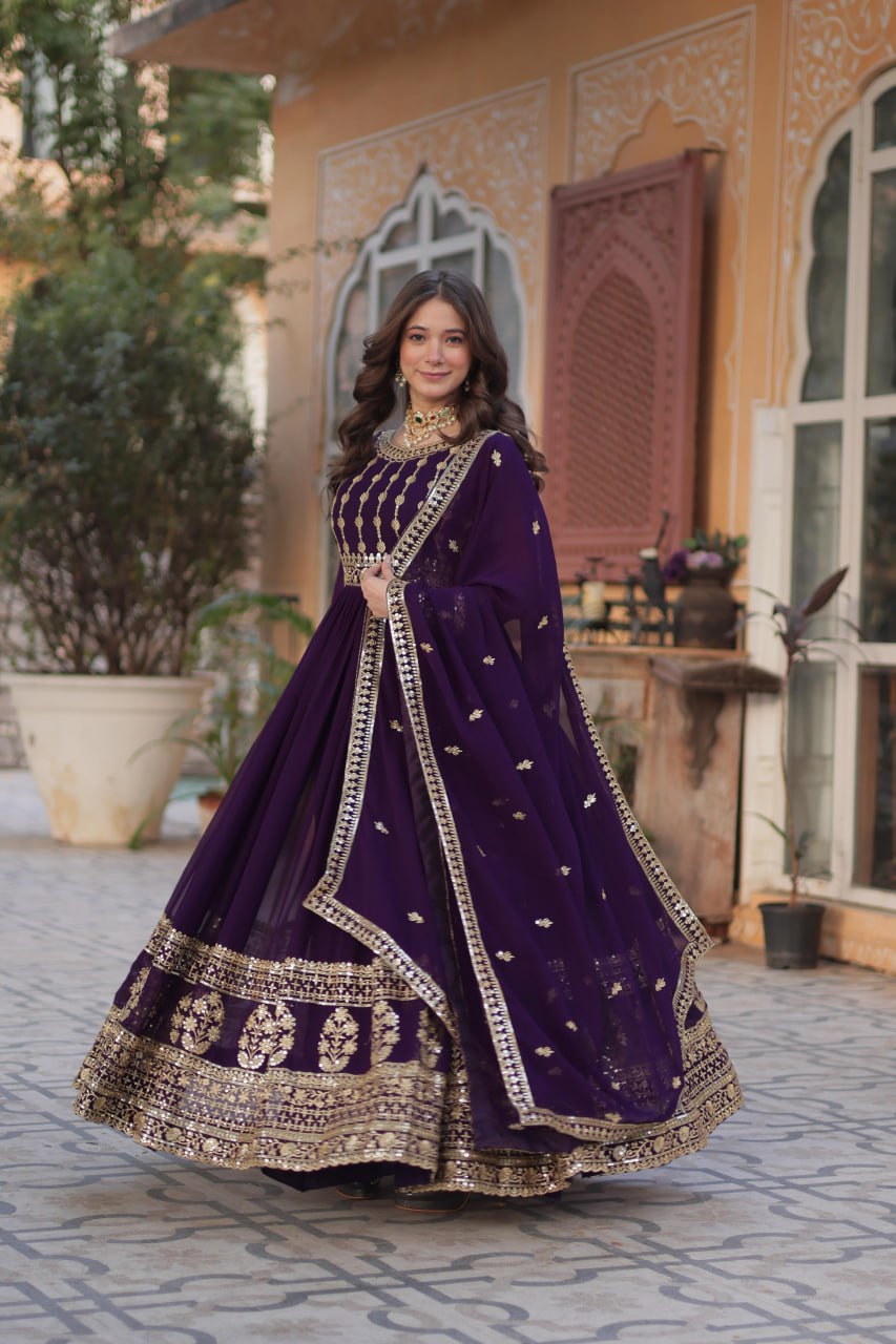 Elegant Embroidered Zari Sequins Gowns & Dressess & Dresses with Dupatta Set