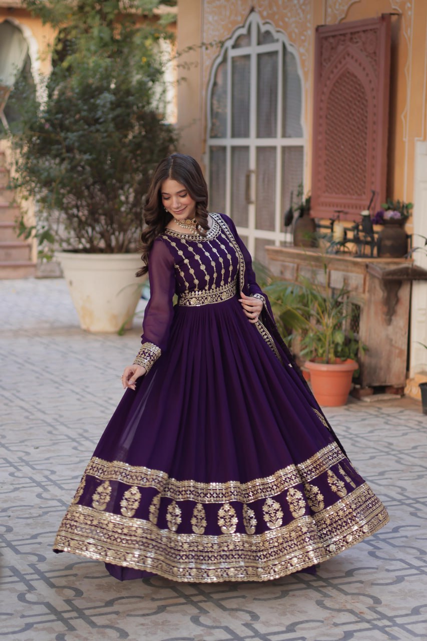 Elegant Embroidered Zari Sequins Gowns & Dressess & Dresses with Dupatta Set