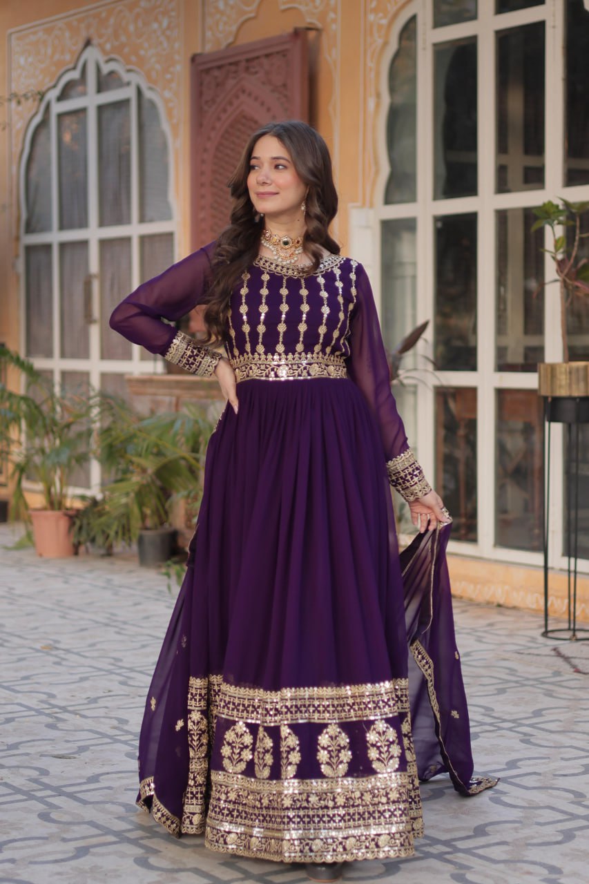 Elegant Embroidered Zari Sequins Gowns & Dressess & Dresses with Dupatta Set