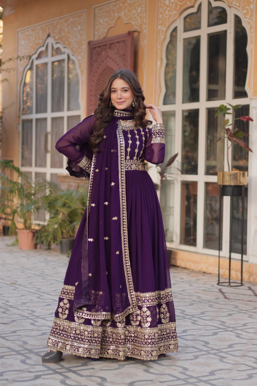 Elegant Embroidered Zari Sequins Gowns & Dressess & Dresses with Dupatta Set