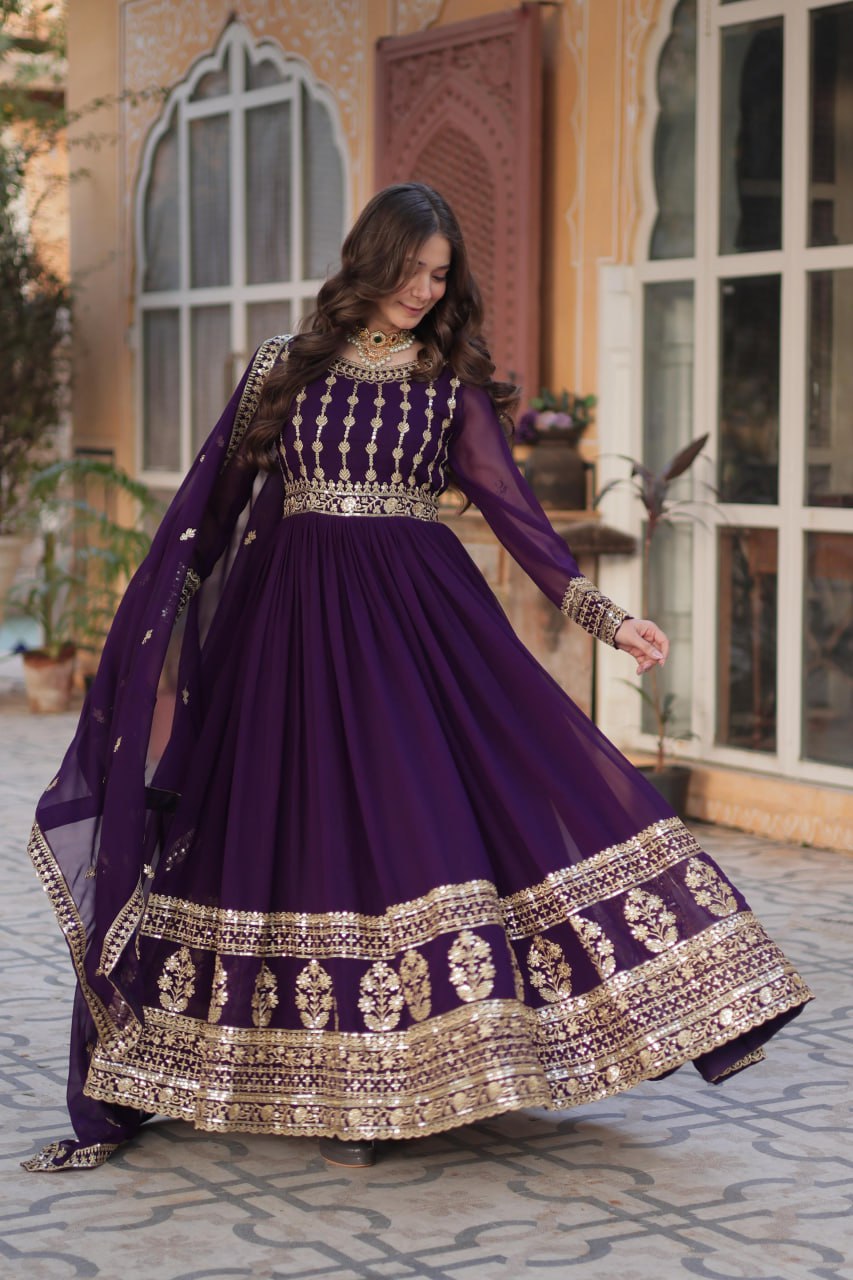 Elegant Embroidered Zari Sequins Gowns & Dressess & Dresses with Dupatta Set