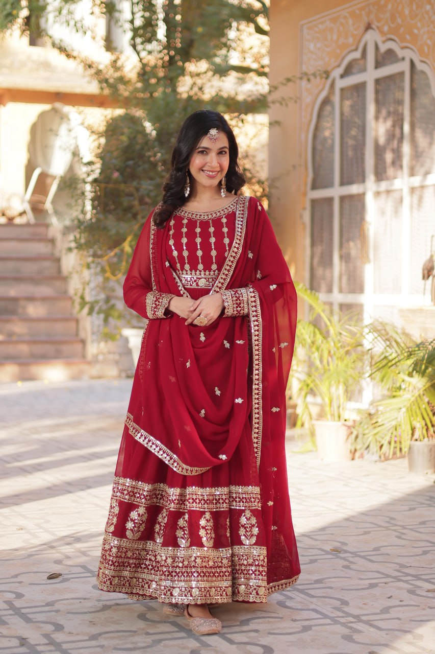 Elegant Embroidered Zari Sequins Gowns & Dressess & Dresses with Dupatta Set