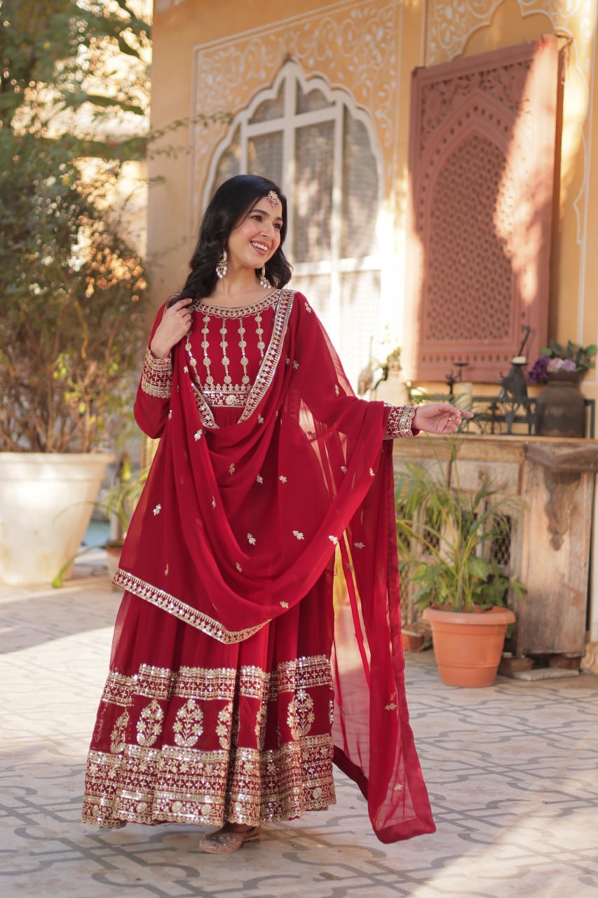 Elegant Embroidered Zari Sequins Gowns & Dressess & Dresses with Dupatta Set
