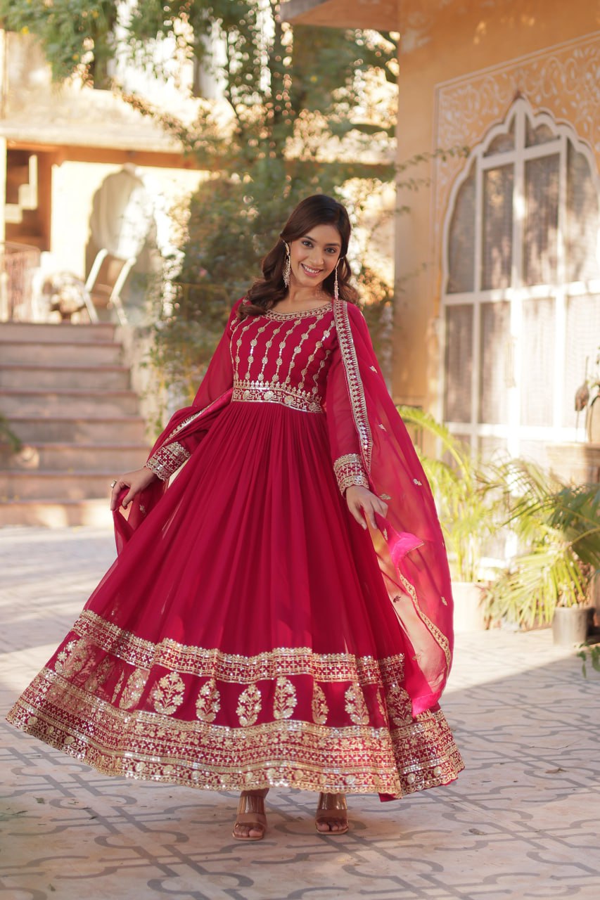 Elegant Embroidered Zari Sequins Gowns & Dressess & Dresses with Dupatta Set