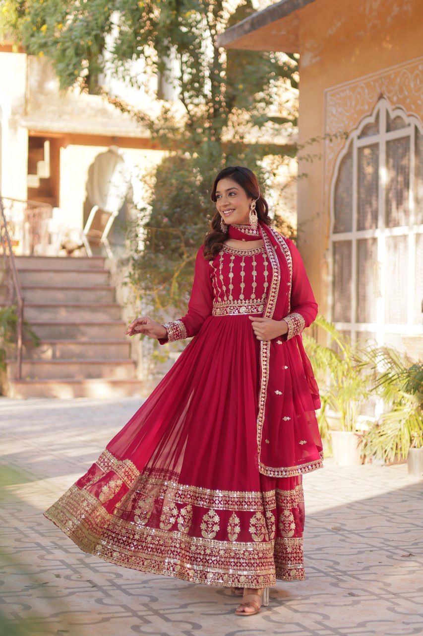 Elegant Embroidered Zari Sequins Gowns & Dressess & Dresses with Dupatta Set