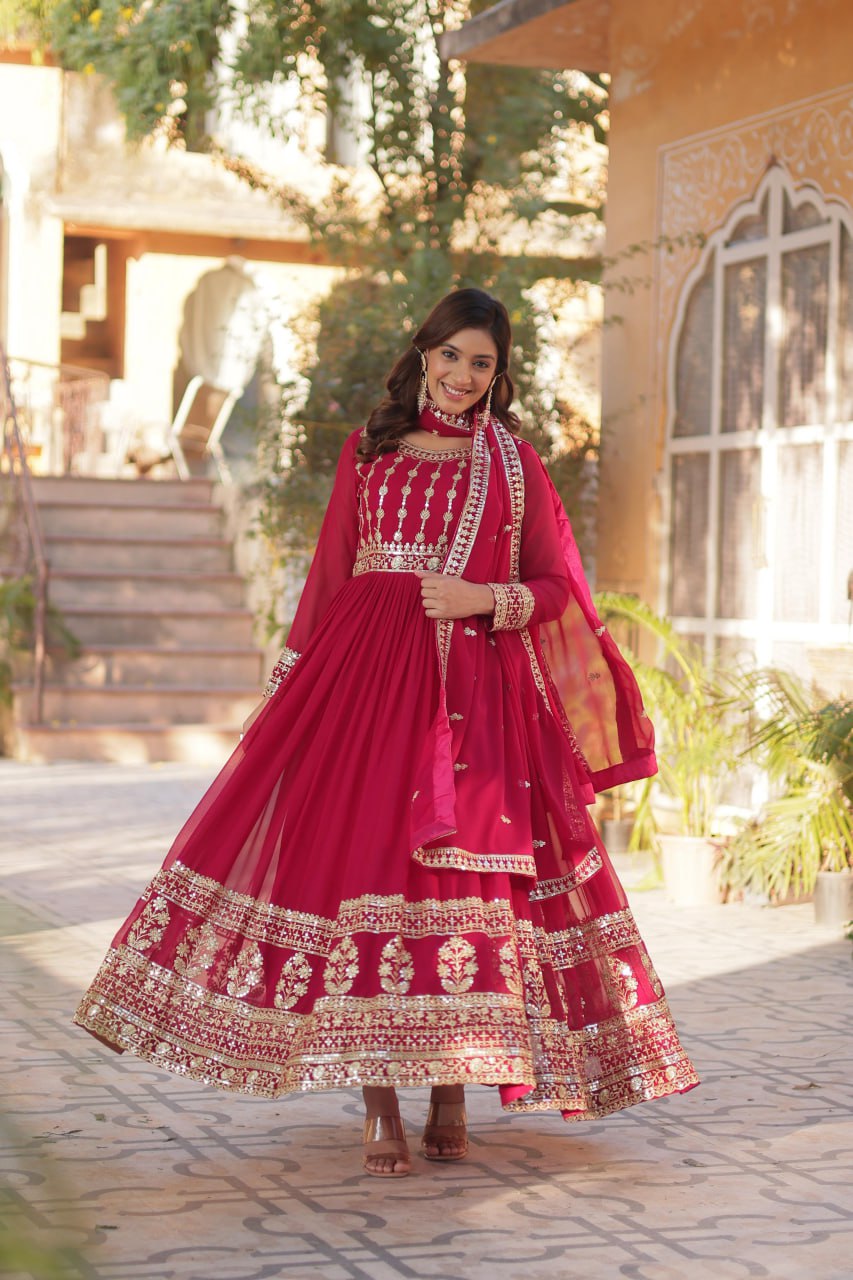 Elegant Embroidered Zari Sequins Gowns & Dressess & Dresses with Dupatta Set