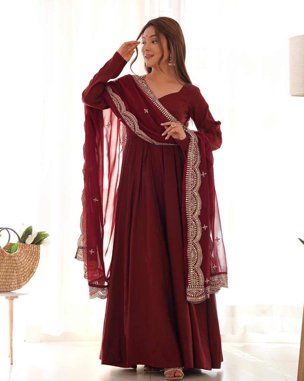 Premium Romansilk Chanderi Anarkali Gowns & Dressess & Dresses Set