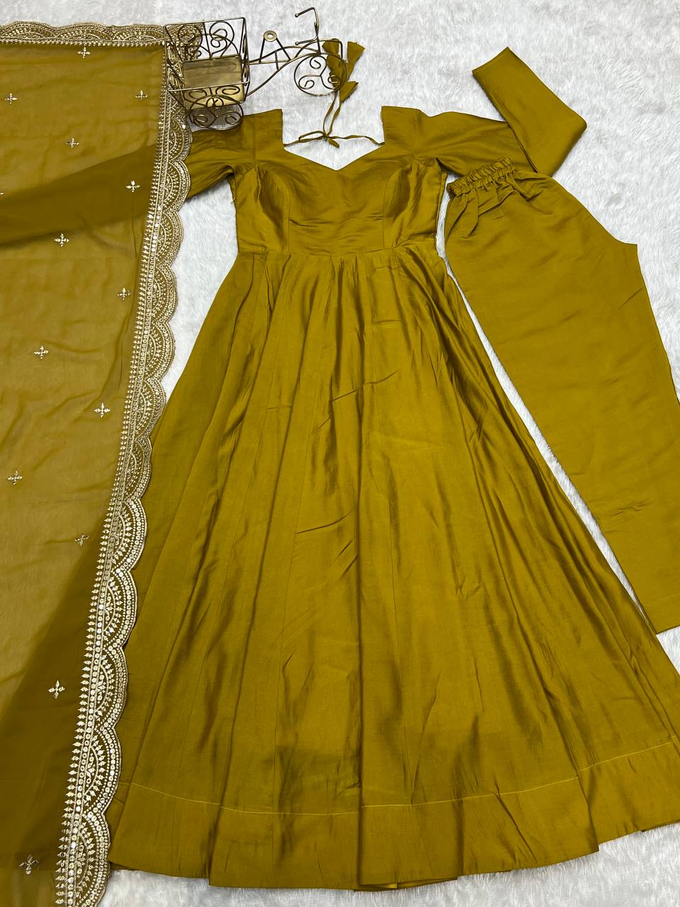Premium Romansilk Chanderi Anarkali Gowns & Dressess & Dresses Set