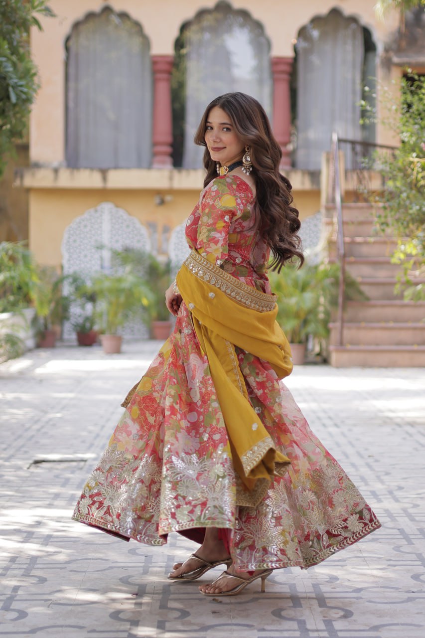 Digital Printed Russian Silk Gowns & Dressess & Dresses with Embroidered Dupatta