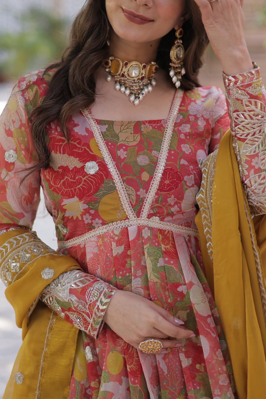 Digital Printed Russian Silk Gowns & Dressess & Dresses with Embroidered Dupatta
