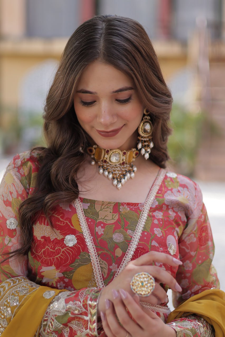 Digital Printed Russian Silk Gowns & Dressess & Dresses with Embroidered Dupatta