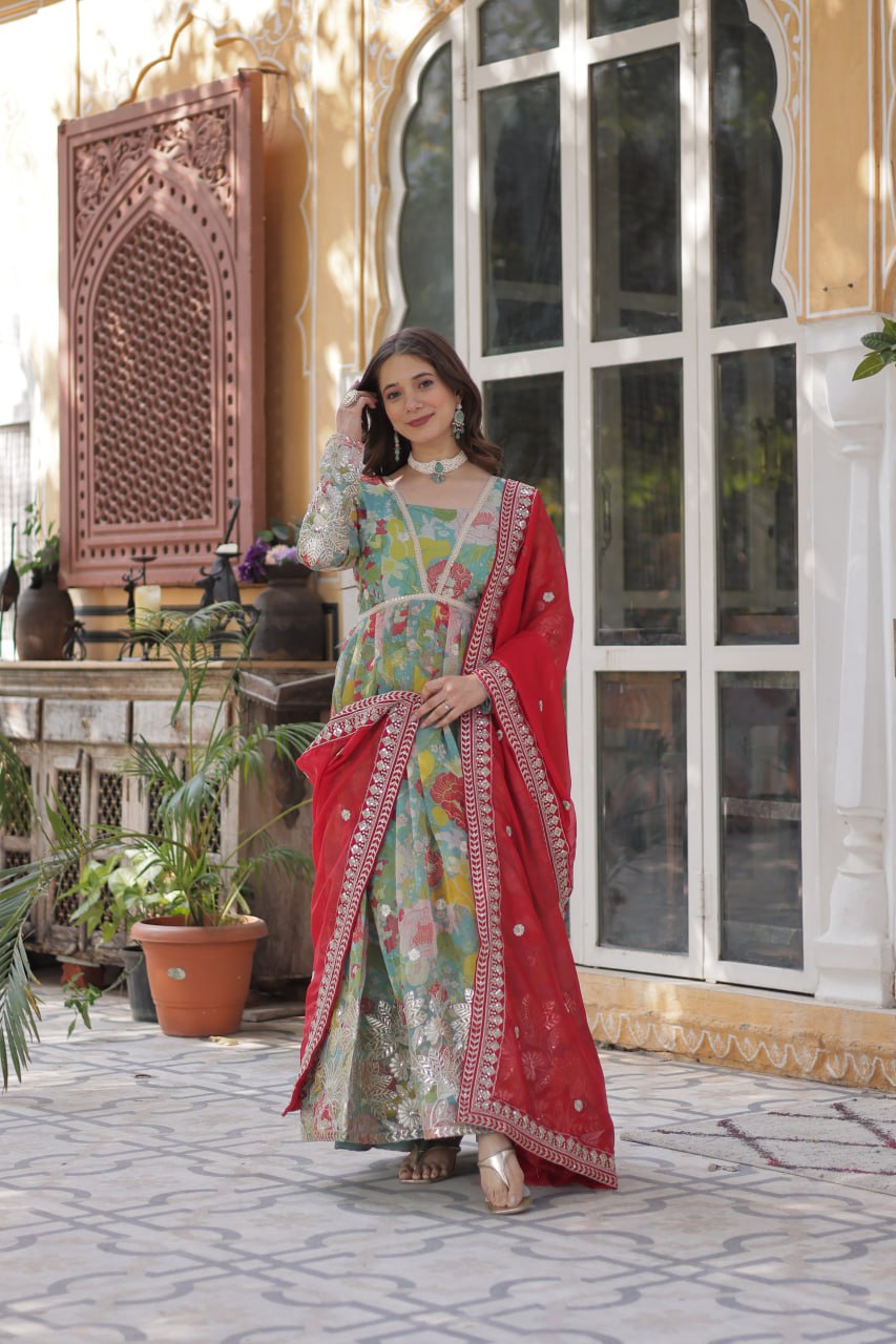 Digital Printed Russian Silk Gowns & Dressess & Dresses with Embroidered Dupatta
