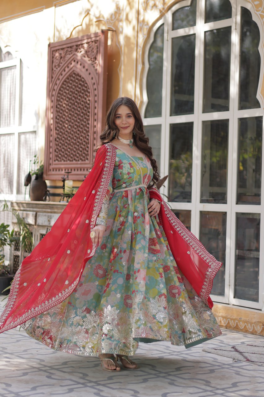 Digital Printed Russian Silk Gowns & Dressess & Dresses with Embroidered Dupatta