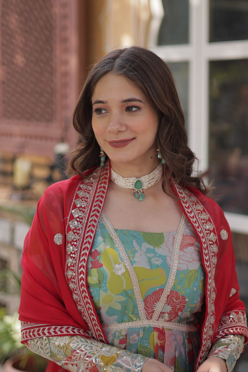 Digital Printed Russian Silk Gowns & Dressess & Dresses with Embroidered Dupatta