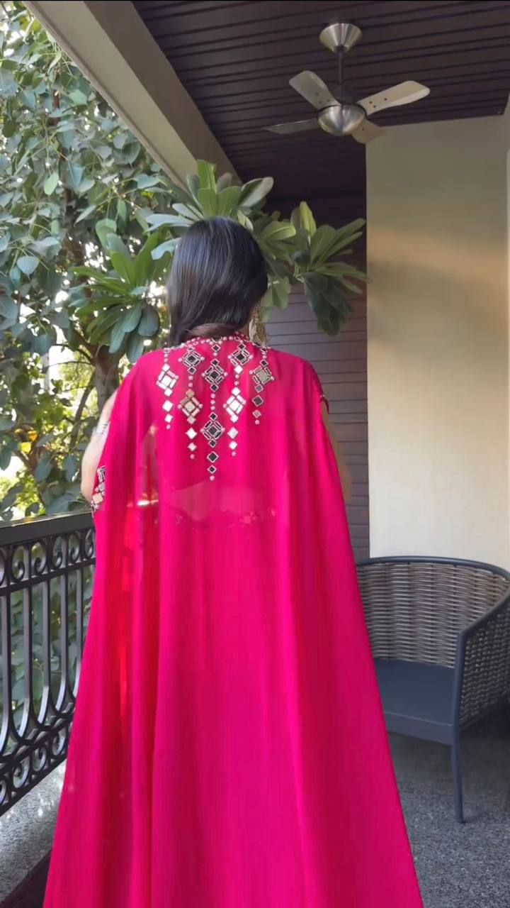 Pink Draped plazo & Mirror work Blouse with Cape