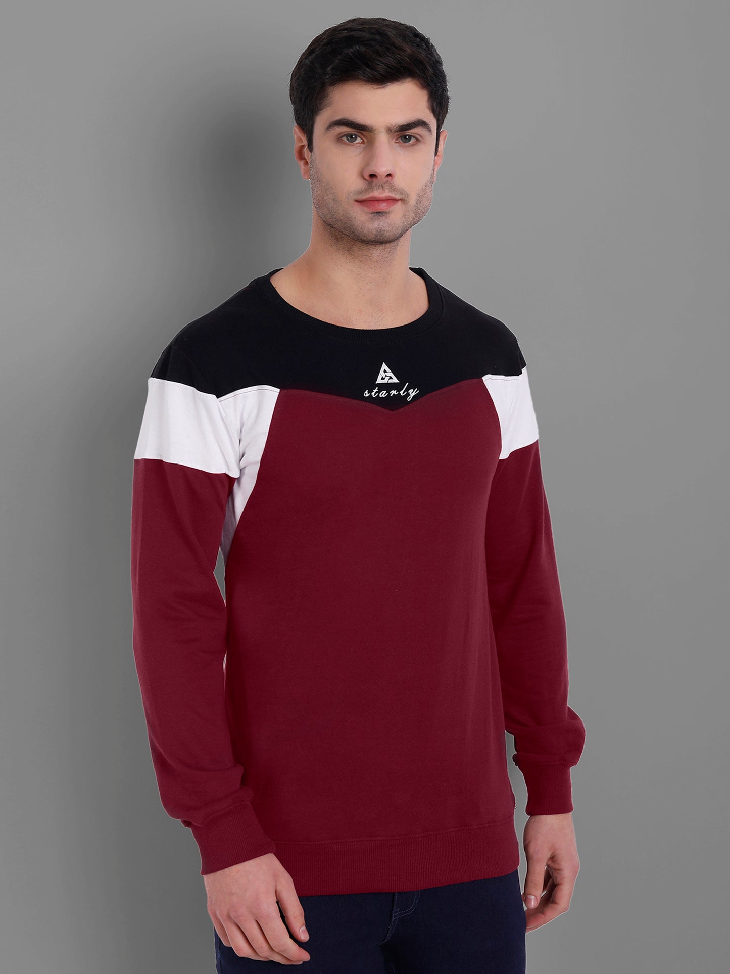 Men Maroon-Coloured Colourblocked Cotton Sweatshirt