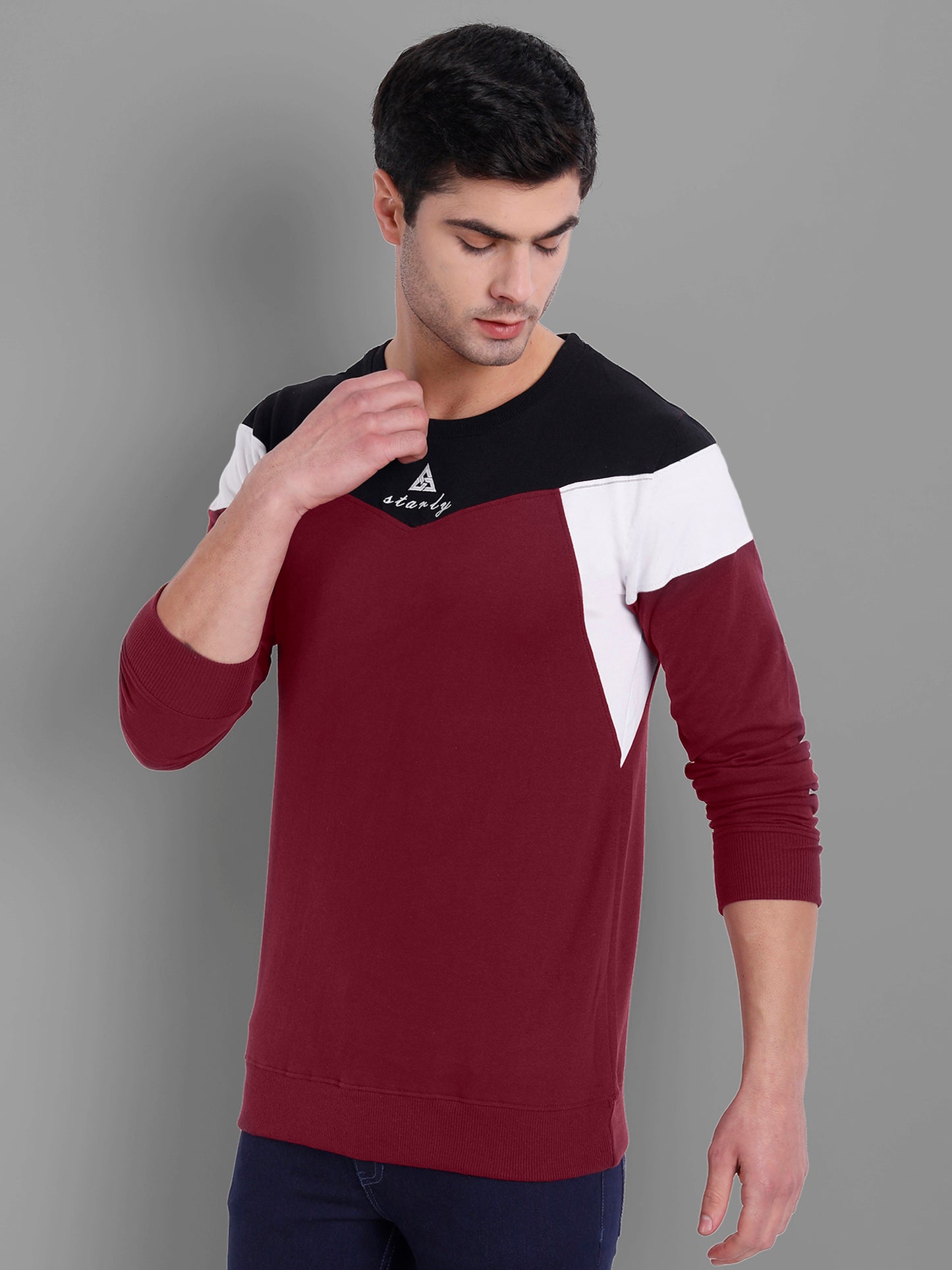 Men Maroon-Coloured Colourblocked Cotton Sweatshirt