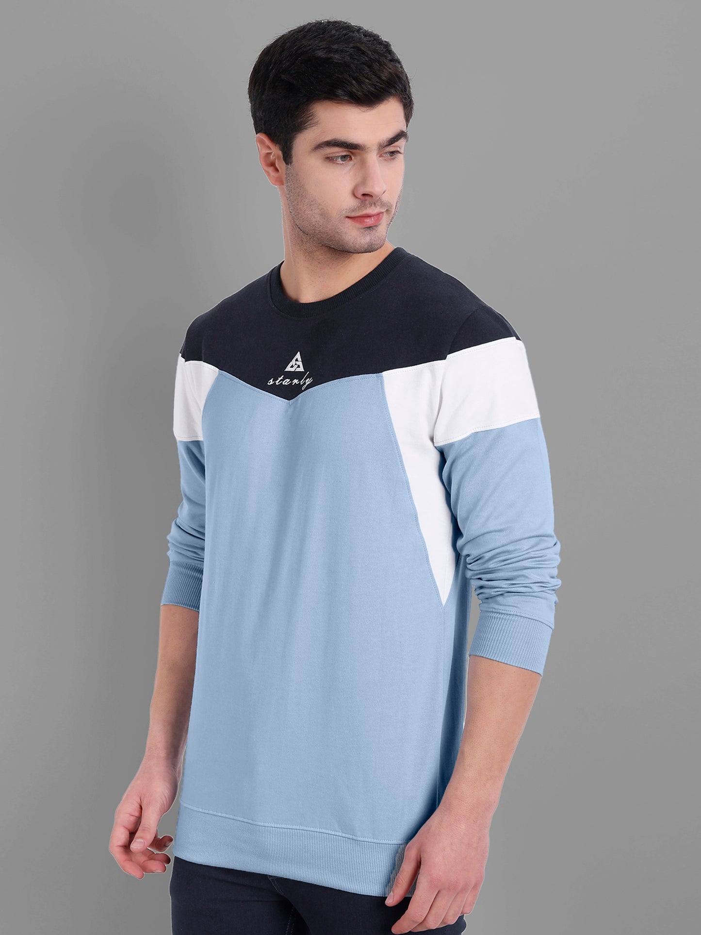 Men Sky Blue-Coloured Colourblocked Cotton Sweatshirt