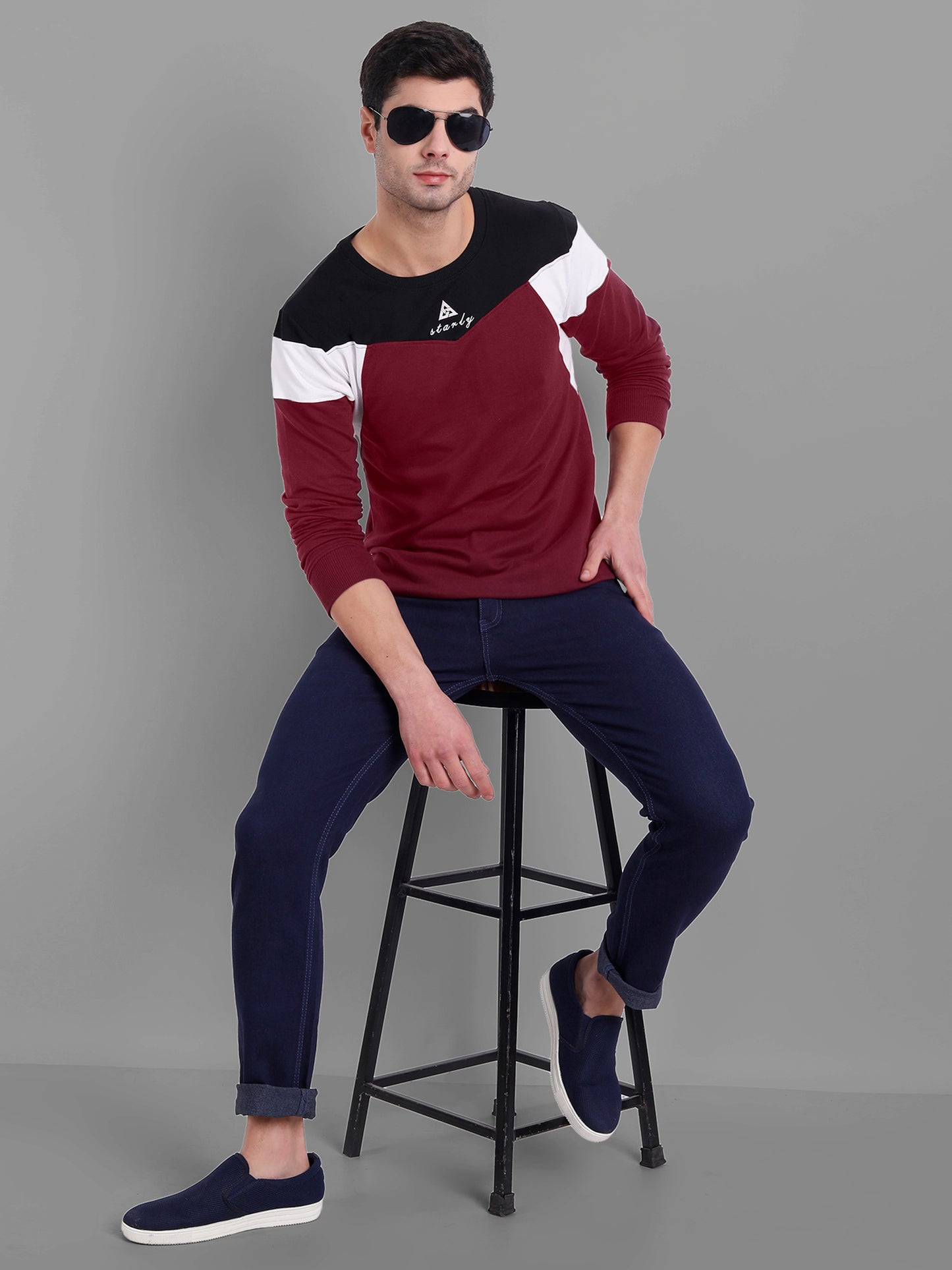 Men Maroon-Coloured Colourblocked Cotton Sweatshirt