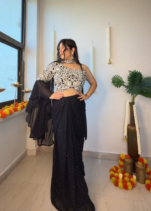 Black & White Thread-Embroidered Lehenga Set