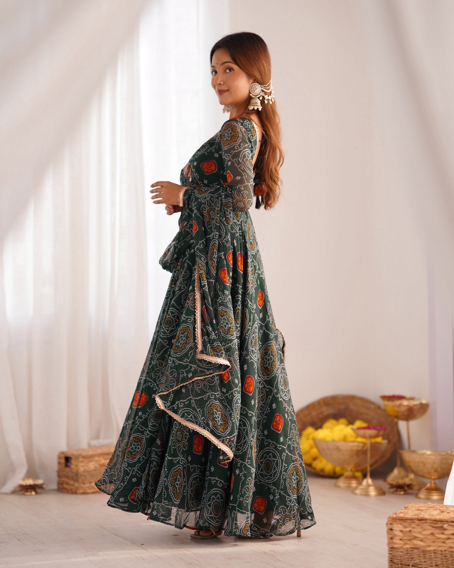 New Designer Bandhej Gowns & Dressess & Dresses Set – Pure Soft Chiffon Anarkali with Dupatta and Pant