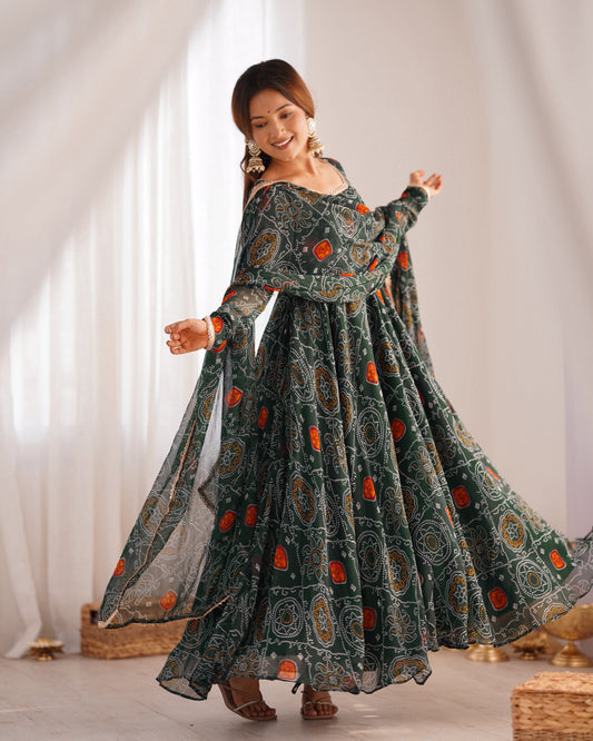 New Designer Bandhej Gowns & Dressess & Dresses Set – Pure Soft Chiffon Anarkali with Dupatta and Pant
