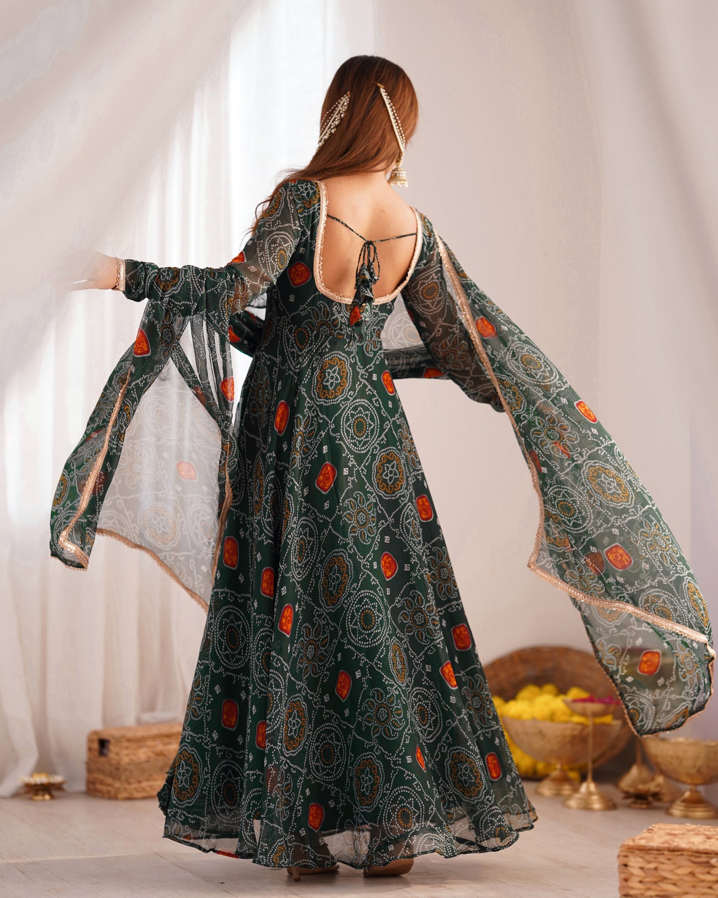 New Designer Bandhej Gowns & Dressess & Dresses Set – Pure Soft Chiffon Anarkali with Dupatta and Pant