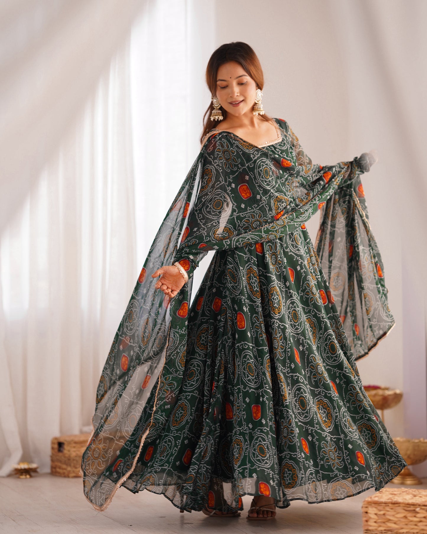 New Designer Bandhej Gowns & Dressess & Dresses Set – Pure Soft Chiffon Anarkali with Dupatta and Pant