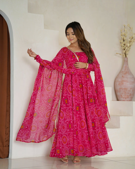 New Designer Bandhej Gowns & Dressess & Dresses Set – Pure Soft Chiffon Anarkali with Dupatta and Pant