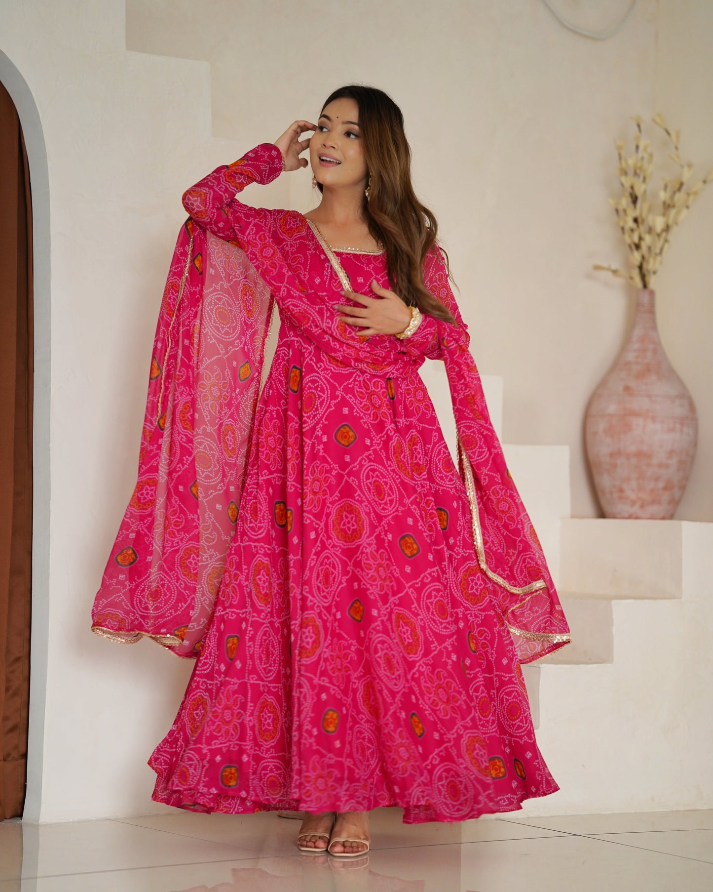 New Designer Bandhej Gowns & Dressess & Dresses Set – Pure Soft Chiffon Anarkali with Dupatta and Pant