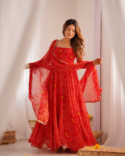 New Designer Bandhej Gowns & Dressess & Dresses Set – Pure Soft Chiffon Anarkali with Dupatta and Pant