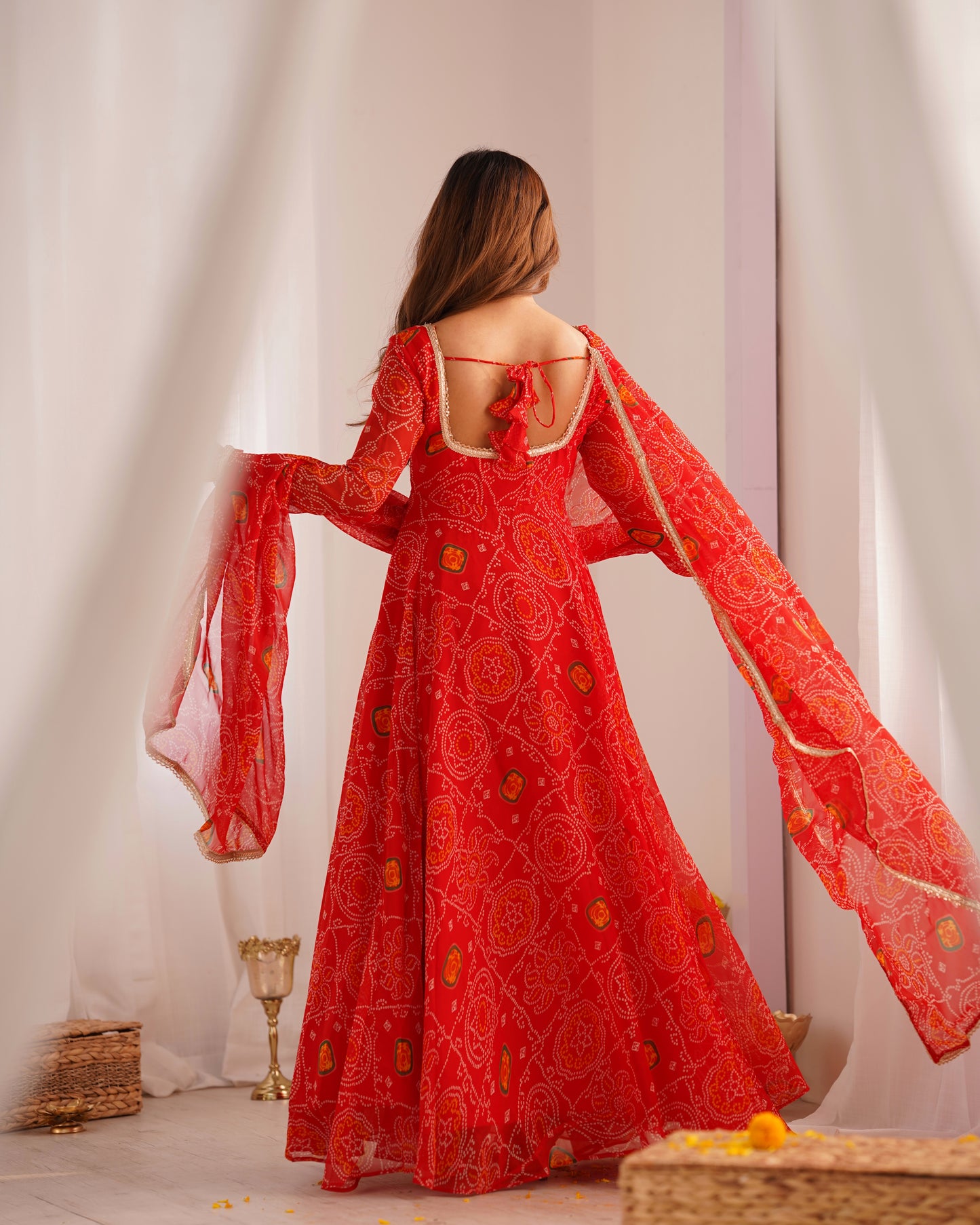 New Designer Bandhej Gowns & Dressess & Dresses Set – Pure Soft Chiffon Anarkali with Dupatta and Pant