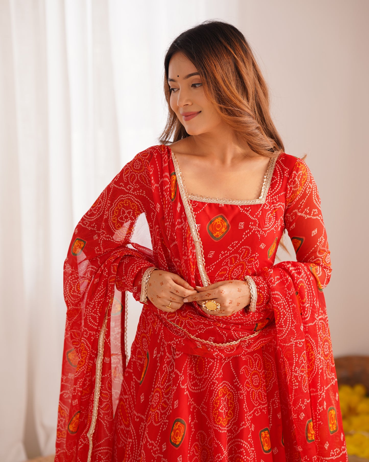 New Designer Bandhej Gowns & Dressess & Dresses Set – Pure Soft Chiffon Anarkali with Dupatta and Pant