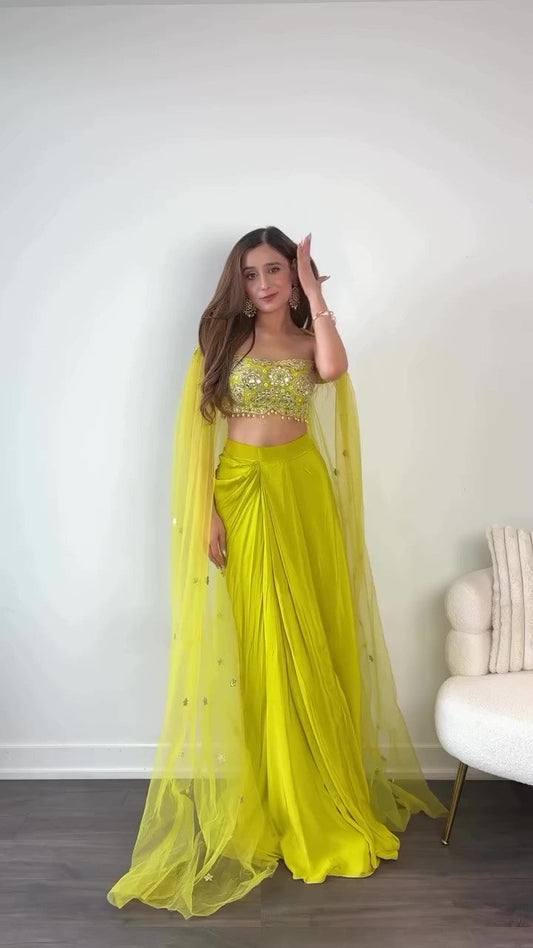 Lemon Yellow Draped Skirt & Mirror Work Blouse